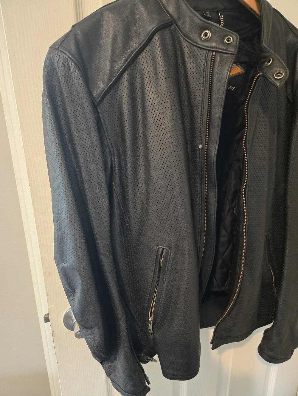 Men's Black Perforated Leather Jacket - Sporty Zip Front XXL